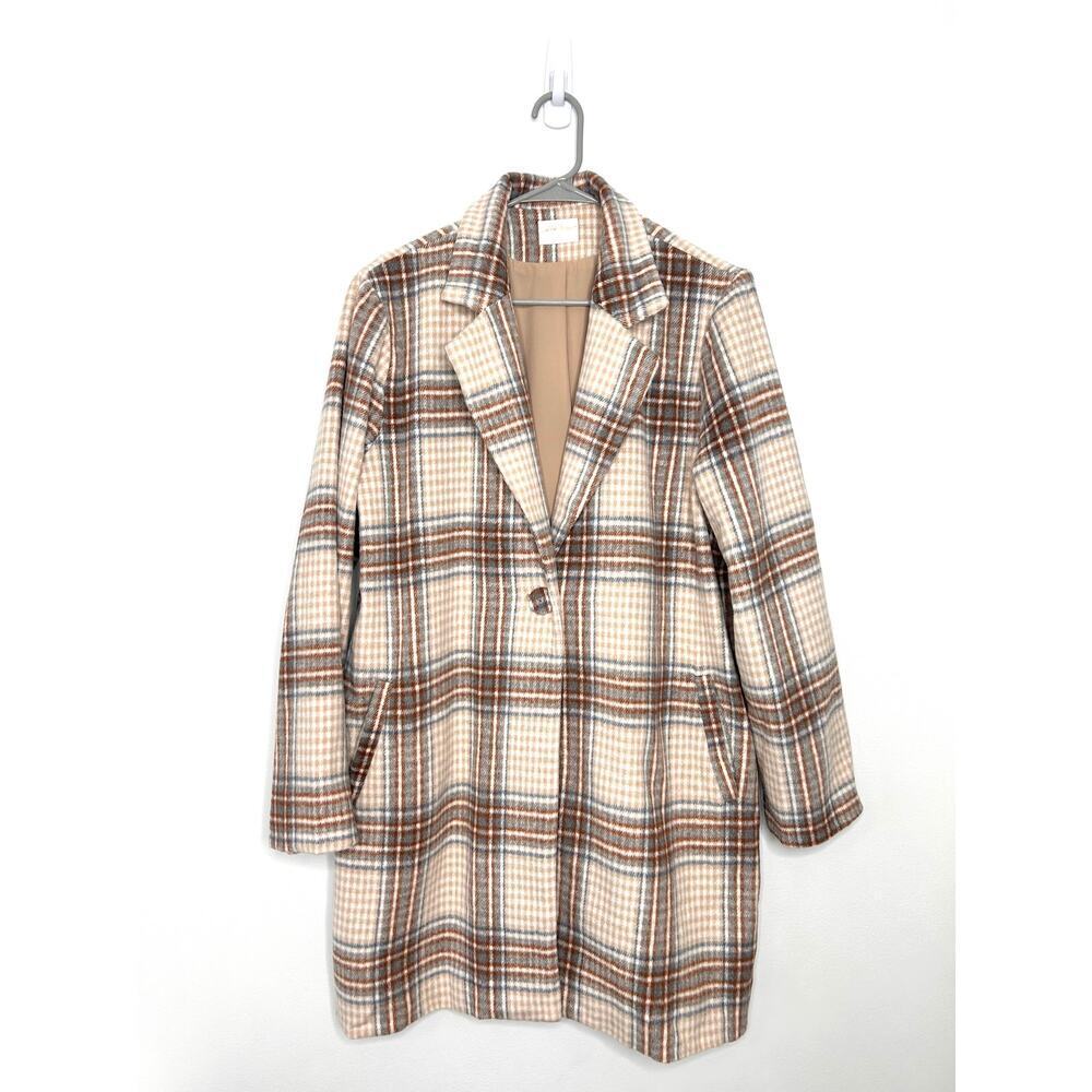 Allie Rose Fleece Plaid Long Jacket Blazer Sz L One Button Academia Chic Preppy